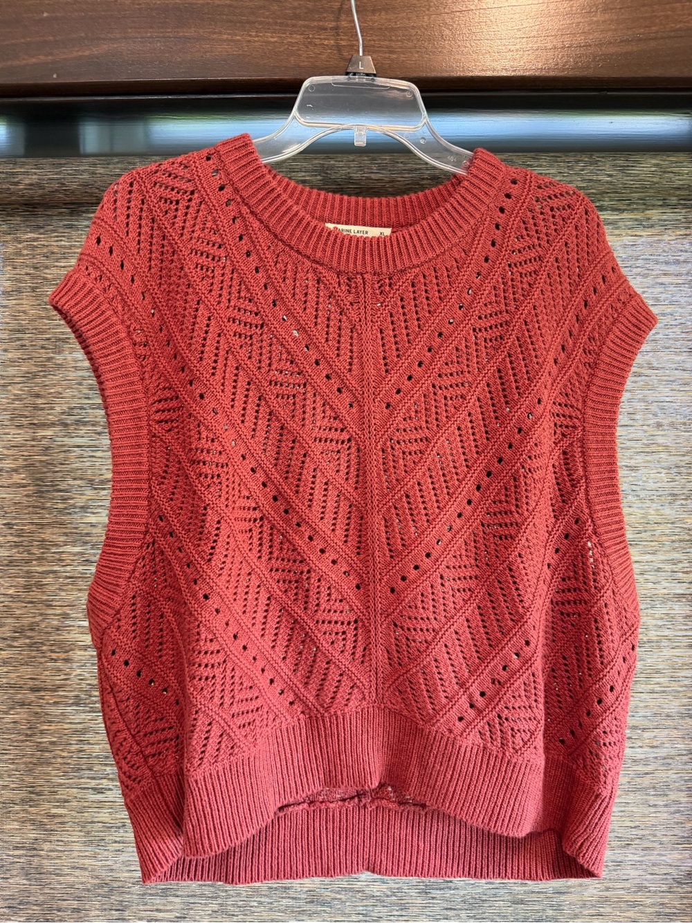 Marine Layer Rust Red Open-Knit Sleeveless Crew Sweater Vest